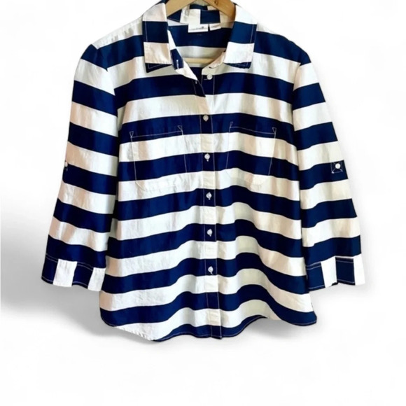 Jaclyn Smith Collection Navy Striped Button Down 3/4 Sleeve Top, LG - Picture 1 of 9